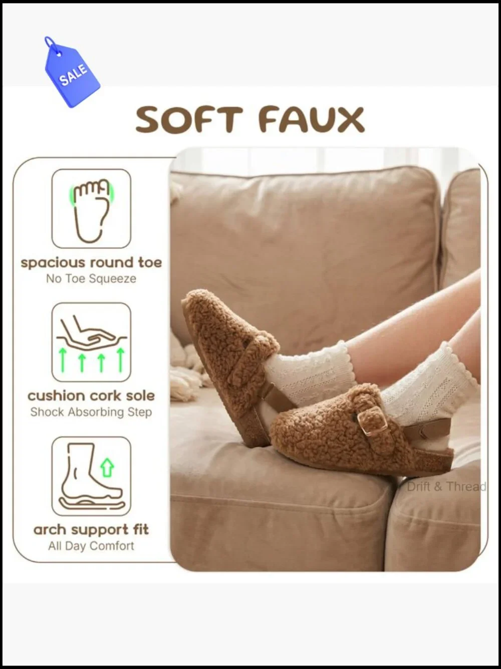 Girls Faux Shearling Clogs with Cork Footbed - Adjustable Buckle, Non-Slip Sole